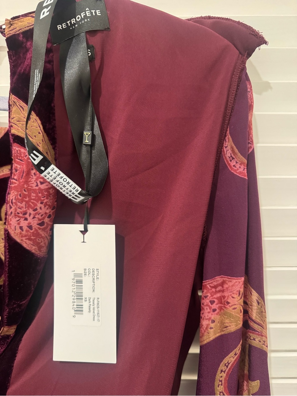 Retrofete Burgundy Velvet Paisley Tie-Waist Long Sleeve Dress - Picture 9 of 12
